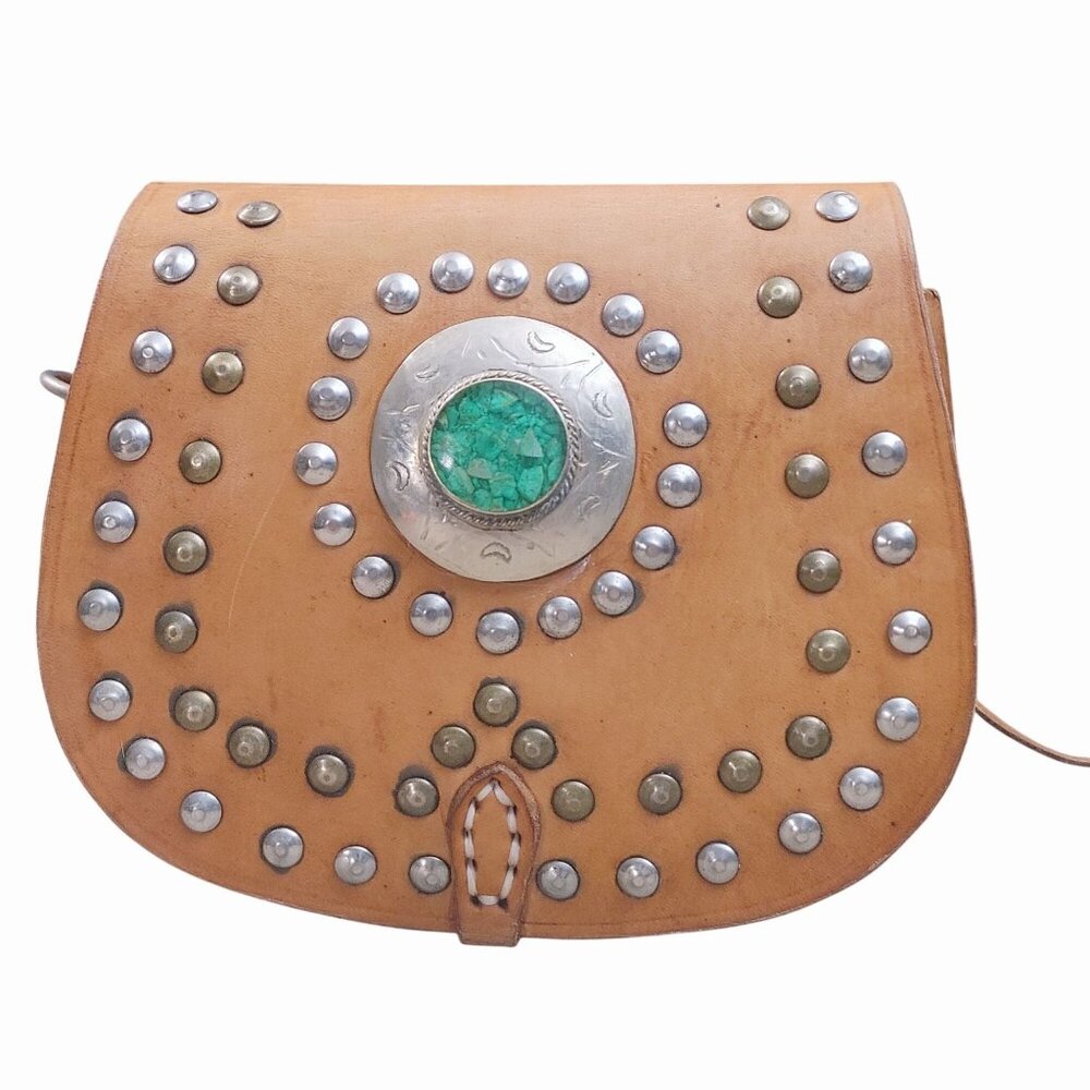Small Leather Crossbody Bag Purse Hand Set Vintage Moon Boho Saddle Western